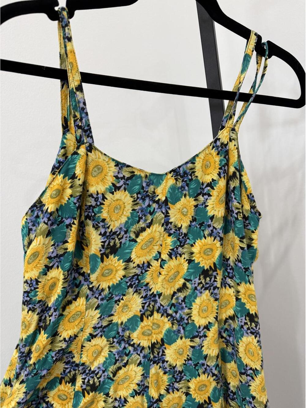 y2k mini dress Yellow Sunflower Print Spaghetti Strap Dress Vintage Small - Picture 6 of 7